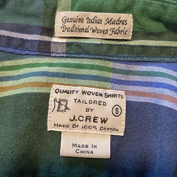 J. Crew madras cotton short sleeve button down shirt green and blue plaid - Picture 4 of 7